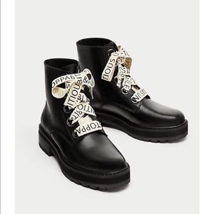 Zara Black Leather Slogan Laces Boots